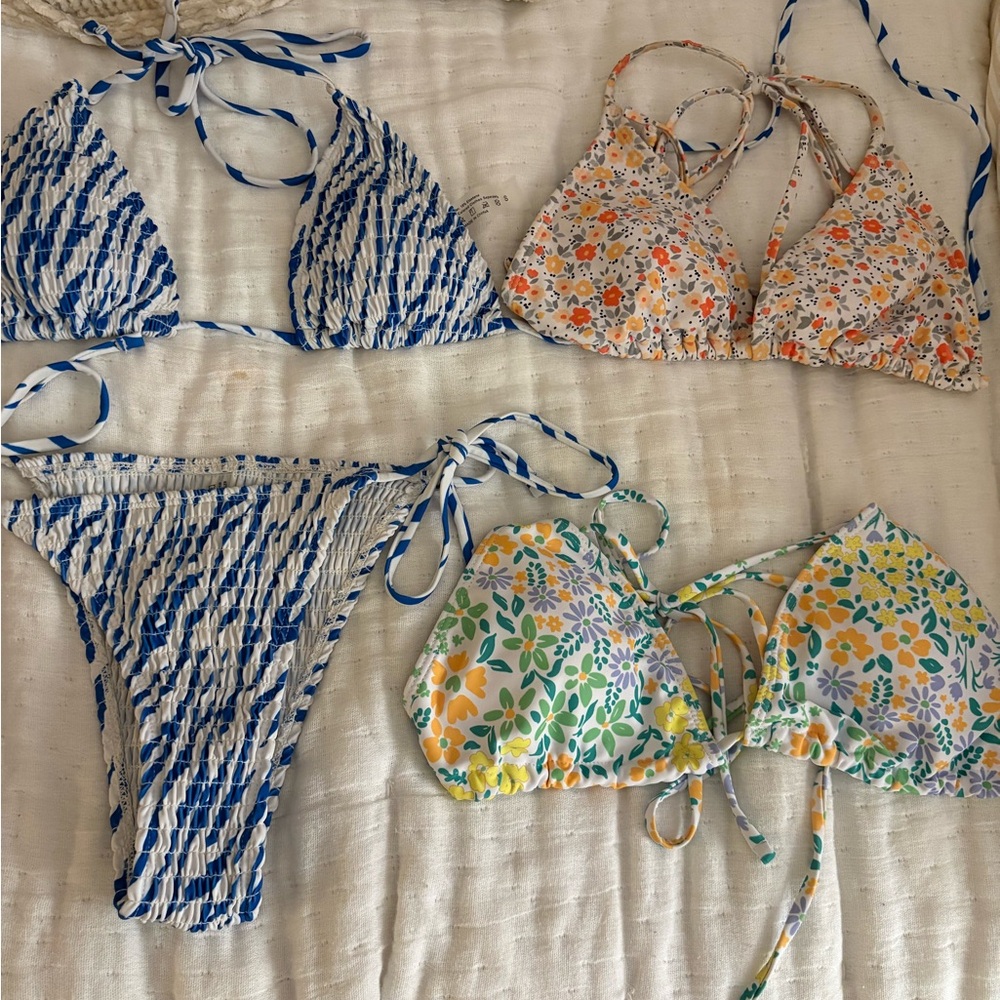 Floral and Striped Bikini Set
